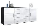 Vladon Sideboard Faro V2, Kommode mit 2 Türen und 4 Schubladen, Schwarz matt/Weiß Hochglanz (166 x 72 x 35 cm)