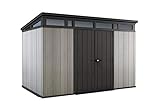 Keter Artisan 11x7 Gerätehaus – Wetterfestes Gartenhaus mit Boden, Pultdach, Doppeltüren & Fenster, Ideal für Outdoor-Aufbewahrung, 342x218x226cm, 13,7 m³, grau