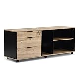 B&D home Aktenschrank mit Schubladen und Regale, abschließbarer Rollcontainer schwarz Industrial, Multifunktions-Wagen, Schreibtischcontainer mit Rollen, Sandeiche-Schwarz, 150 cm breit