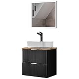 Lomadox Waschplatz Set, 61cm breit, mit LED-Spiegel, gerillte Front, matt schwarz mit Eiche Nb. (1 LED-Spiegel, 1 Waschtisch mit Aufsatzbecken)