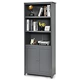 COSTWAY Bücherschrank Bücherregal mit Türen, Hochschrank mit 3 offenen Regalen, Standregal Aktenregal Büroregal für Wohnzimmer Büro, 74,5 x 35,5 x 181,5 cm (Grau)