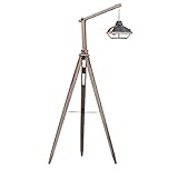 MUZIZY Industrielle Stativ-Stehlampe, Retro-Wohnzimmer-Stehleuchten, Schwenkarm, verstellbare E27-Fassung, Holz-Schlafzimmer-Stehlampe mit Metallkäfig-Lampenschirm Happy Many Times