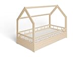ms factory Hausbett mit Matratze Kinderbett 80x160 cm mit Rausfallschutz und Lattenrost - Einzelbett aus Kiefernholz für Mädchen und Junge - Natur Farblos