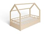 ms factory Hausbett mit Matratze Kinderbett 80x160 cm mit Rausfallschutz und Lattenrost - Einzelbett aus Kiefernholz für Mädchen und Junge - Natur Farblos