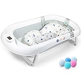 Faltbare Babybadewanne mit rutschfestem Badekissen/Badewanne XXL mit Thermometer zur Kontrolle der Wassertemperatur / 3-Stufen-Badewanne - Ab Geburt bis 2 Jahre / 5 Plastikbälle gratis - (GREY)