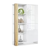 Vladon Highboard Canto, hoher Schrank mit 2 Türen und 8 Fächern, Korpus Weiß matt, Fronten Weiß Hochglanz, Dekor-Paneele Eiche Natur (95 x 151,5 x 36 cm)
