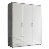 VALENCIA Kleiderschrank in Beton Optik, Weiß - Vielseitiger Drehtürenschrank 3-türig mit viel Stauraum für Ihr Schlafzimmer - 155 x 195 x 60 cm (B/H/T)