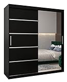 Kryspol Schwebetürenschrank Verona 2-180 cm mit Spiegel Kleiderschrank mit Kleiderstange und Einlegeboden Schlafzimmer- Wohnzimmerschrank Schiebetüren Modern Design (Schwarz)