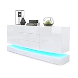 Vladon Sideboard Kommode City, Korpus in Weiß matt/Fronten in Weiß Hochglanz inkl. LED Beleuchtung