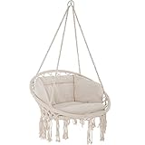 TecTake Indoor und Outdoor Hängesessel, Terrassen und Balkonmöbel, Hängesessel mit Gestell, robuste Konstruktion mit großem weichem Kissen, Hängesessel bis 100 kg - beige