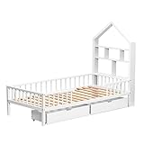 XPSSJMU Hausbett Jugendbett mit Bücherregal Rausfallschutz Kinderbett Jungen und Mädchen mit Schubladen mit Lattenrost 200x90 Weiß