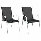 Homgoday 2 STK. Stapelbare Gartenstühle Gartenstuhl Stahlsessel Sessel Stuhl Stühle Gartenmöbel Rattanmöbel Gartensessel für Garten Terrasse Balkon Stahl und Textilene Schwarz und Grau