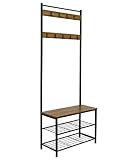 Meerveil Garderobenständer, Schuhregal mit Garderobe, 3 Ablagen und 9 Abnehmbaren Hake, Industrie Design, aus Metall und Holz,70 x 32 x 175 cm, für Flur, Braun