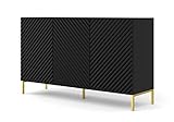 Homlando Kommode SURF 3D 150 cm mit gefräste dekorierte MDF-Fronten auf Metallbeinen, Sideboard, Highboard 3 Türen, Schrank (Schwarz Matt)