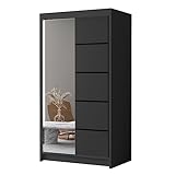 Schwebetürenschrank Letto III 100 cm mit Spiegel - Kleiderschrank, Schiebetürenschrank mit Kleiderstange und Einlegeboden, Schlafzimmerschrank, Schiebetüren - 100x200x58 cm (Schwarz)