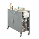 SoBuy FKW108-HG Design Küchenwagen mit Edelstahlplatte Kücheninsel mit Seitenregal Küchenschrank Rollwagen Sideboard auf Rollen Küchentrolley Servierwagen Grau BHT ca.: 107x94x46cm