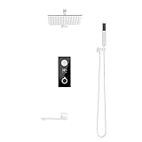 Ksunun Duschsystem Weiß Mit Thermostat, Unterputz Duscharmatur Komplettset, Inkl.Duschkopf Regendusche, Handbrause, MessingköRper Mit Digitaler Temperaturanzeige, Duschamaturenset Regendusche