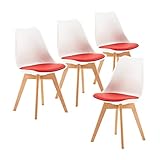 EGGREE 4er Set Esszimmerstühle mit Massivholz Buche Bein, Skandinavisch Design Gepolsterter aus PU-Leder Küchenstuhl Essstühle, Weiß & Rot