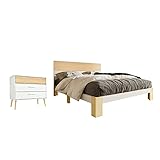 fangqi Schlafzimmer-Set(2-St),Holzbett Einzelbett mit Schubladenkommode*1,Bett mit Kopfteil Stauraumbett aus Bettgestell mit Lattenrost-90x200 cm Natürlich& Weiß Klassischen Landhausstil