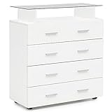 möbelando Design Sideboard WL5.850 Weiß Hochglanz 76x84x35 cm Anrichte Holz Modern | Hohe Schubladenkommode mit Glas-Ablage | Kleiner Allzweckschrank Flur | Wäschekommode Schlafzimmer