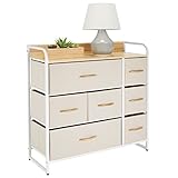 mDesign Kommode mit 7 Schubladen – breiter Schubladenschrank für Schlafzimmer, Wohnzimmer oder Flur – Kleiderkommode aus Metall, MDF und Stoff – cremefarben und weiß