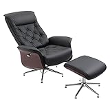 HOMCOM Relaxsessel mit Hocker Fernsehsessel Polstersessel 360° drehbar 145° neigbar mit Retro-Design Chesterfield PU-Bezug Holzverkleidung Metallfuß Schwarz 82 x 83 x 110 cm