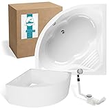 Calmwaters® Eckbadewanne Komplettset 150x150 cm mit Wannenträger, Acrylwanne Curved Wellness, Ab- & Überlaufgarnitur, Duowanne für 2, Sitzbadewanne, Set Sitz-Badewanne komplett, Weiß, 99000091