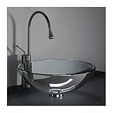 Badezimmer-Waschbecken, 17-Zoll-graues Aufsatzwaschbecken-Set, rundes Badezimmerbecken aus gehärtetem Glas (C)
