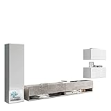 MKS MEBLE Modern Wohnwand mit 5 Türen - Wohnzimmer Möbel Set - Robuste Lowboard, Hochschrank und 2X Hängeschrank - Wohnzimmer Deko Modern TV-Möbel - Amadeo Beton Weiß Hochglanz