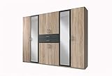 lifestyle4living Kleiderschrank mit Spiegel, Eiche Sägerau, Graphit-Grau, 270 cm | Drehtürenschrank 8 türig mit 2 Schubladen im Industrial-Stil