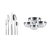 WMF Palma Besteck Set 12 Personen, Essbesteck 60 teilig Monobloc-Messer & Gourmet Schüsselset 4-teilig Edelstahl Schüsseln für die Küche 0,75l - 2,75l, Cromargan, stapelbar