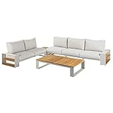 NATERIAL - Gartenmöbel Set Surrey - Gartenlounge mit Kissen - 5 Personen - 2 Sofas - 2 Couchtische L. 140 x B. 80 x H. 32 cm und L. 70 x B. 70 x H. 22 cm - Aluminium - Teakholz - FSC - Beige - Weiß