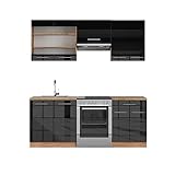 Vicco Küchenzeile Küchenblock Einbauküche Fame-Line 200 cm modern Küchen Schränke Schubunterschrank Spülenunterschrank Hängeschrank Hängeglasschrank (Eiche-Anthrazit Hochglanz)