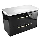 paplinskimoebel Waschtischschrank mit Arbeitsplatte für Waschbecken - praktisch mit Zwei Schubladen - Waschtisch Badschrank 80 cm -modern goldene Griffe - Hochglanz Schwarz