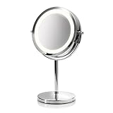 medisana CM 840 Kosmetikspiegel mit LED-Beleuchtung, Schminkspiegel mit 5-facher Vergrößerung, Tischspiegel, Doppelseitig, 360° schwenkbar, Silber, 31,5 x 20,5 cm