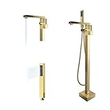 Bodenhalterung Freistehender Badewannenarmatur mit Handbrause 150 cm Brauseschlauch Gebürstet Gold 1 Griff Freistehende Wanne Wasserhahn Messing Wannenfüller Stehende Wanne Duscharmatur High Flow