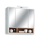 MILANO Spiegelschrank Bad mit LED-Beleuchtung in Wildeiche Optik, Weiß Hochglanz - Badezimmerspiegel Schrank mit viel Stauraum - 80 x 72 x 20 cm (B/H/T)