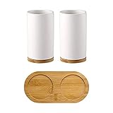 Mundbecher,Zahnbürstenhalter Becher Keramik Bambus Mundschale,Zahnputzbecher Bad Set Zahnbürste Badaccessoires (2 Pack)