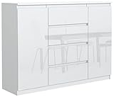 meble masztalerz Kommode Weiss Hochglanz mit 4 Schubladen und 2 Türen 140 cm, Sideboard Wohnzimmer, Schlafzimmer H: 101 cm, B: 138,6 cm, T: 39 cm Kommode mit Schubladen, Schubladenschrank