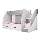 Fabryka Mebli Idźczak Hochbett Kinderbett Martin mit Fantasy Matratzen Etagenbett Stockbett Stockbett Boxspringbett - Schubfächer, Treppe, Kommode, Bücherregal mit Regalen, Modern Design (Weiß/Grau)