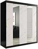 Schrank mit Schiebetüren, Marmur Pole 180, Schrank mit Stange und Regal, Schlafzimmerschrank (mattschwarz + weißer Marmor, Schubladen: 4)