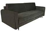 Schlafsofa mit Bettkasten 191x61 cm (Liegefläche 195 x 145 cm) – mit Armlehnen, Zwei Kissen – Stoff: Velour, Farbe Grau – Sofa 3 Sitzer, leicht abwischbar, für Wohnzimmer/Gästezimmer