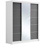 MKS MEBLE Kleiderschrank mit Spiegel 180 cm - Schwebetürenschrank Flurschrank Wardrobe - Schlafzimmerschrank Sammlung Mazedonien - Weiß und Grau - Modern Design