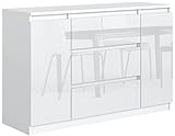 meble masztalerz Kommode Weiss Hochglanz mit 3 Schubladen und 2 Türen 120 cm, Sideboard Wohnzimmer, Schlafzimmer H: 78,2 cm, B: 120,4 cm, T: 39 cm Kommode mit Schubladen, Schubladenschrank