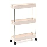 LOYOO Trolleys 2/3/4 Schicht-Badezimmer-Küchenwagen Lagerregal-Halfter Mit Rollen Lagerung Regal Organizer Movable Zusammenbauen Kunststoff Platzsparend/Beige 3 lagig