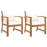 vidaXL 2X Akazienholz Massiv Gartenstuhl mit Creme-Kissen Gartensessel Stuhl Stühle Sessel Gartenmöbel Holzstuhl Essstuhl Balkon Terrasse