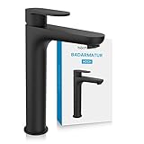 Bächlein Wasserhahn hoch fürs Bad in klassischem Design, extra hoher Einhebelmischer für Aufsatzwaschbecken mit Montage-Set, Badarmatur Matt Schwarz - klassisch hoch