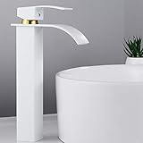 Badarmatur für Waschbecken mit Wasserfall, Mischbatterie für Waschbecken, Hoch-Wasserhahn aus Messing (Weiß und Gold)