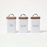 Homescapes 3er-Set weiße Vorratsdosen mit Holzdeckel, je 16x9 cm, 3 Metall-Vorratsdosen Küche – Coffee, Tea, Sugar