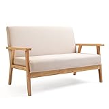 Mingone 2 Sitzer Sofa Gepolsterter Skandinavischer Stil Massivholz Sofa Couch Modern Sessel Holz und Leinenstoff für Wohnzimmer Schlafzimmer Weiß bis 250kg